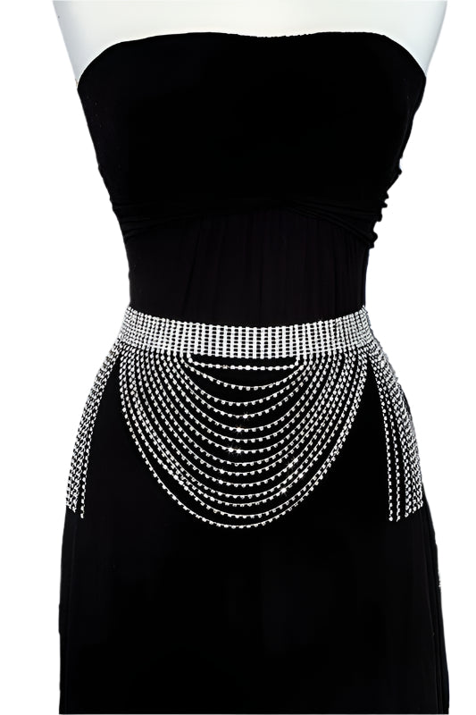 Misty Blue Royal - Rhinestone Dangling Fringe Belt