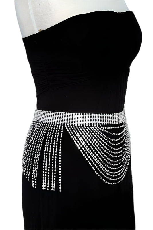 Misty Blue Royal - Rhinestone Dangling Fringe Belt