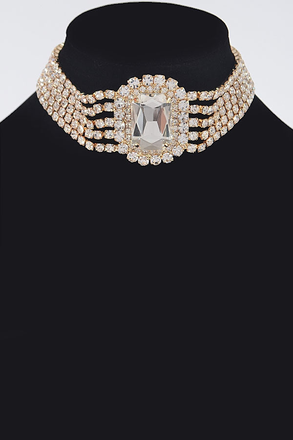Misty Blue Victoria - 5 Strand Rhinestone with Center Gem Choker Necklace