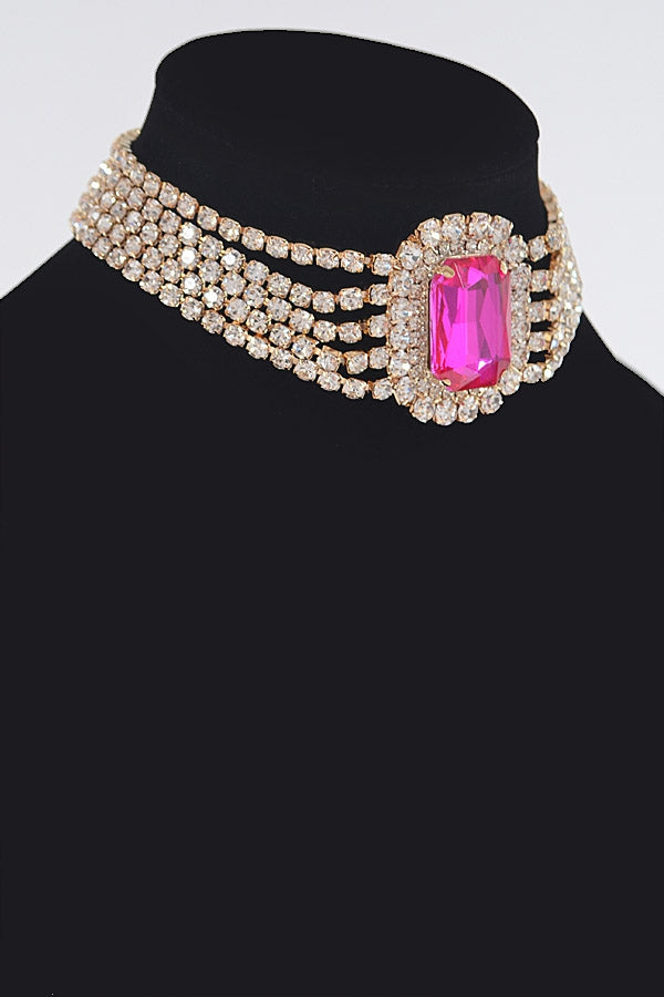 Misty Blue Victoria - 5 Strand Rhinestone with Center Gem Choker Necklace