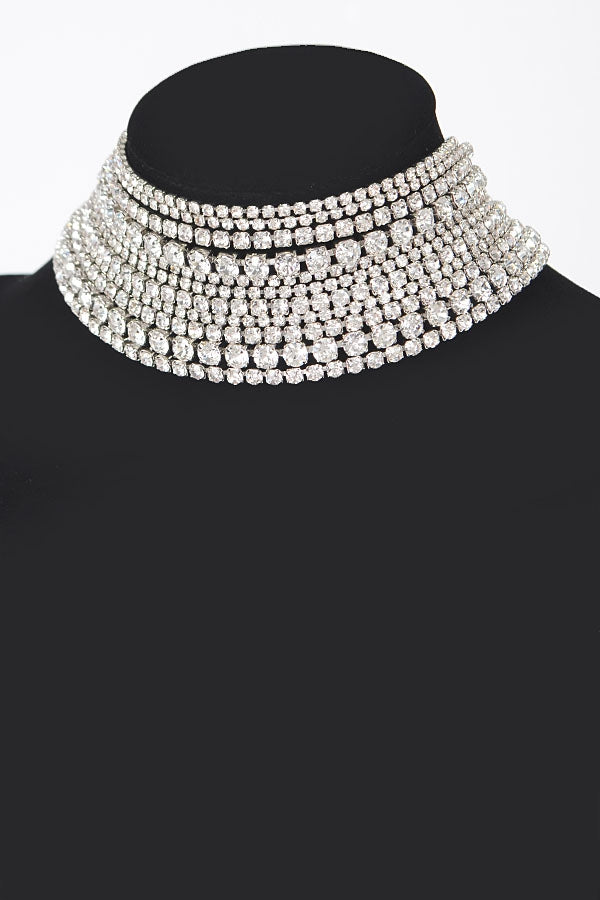 Misty Blue Lamina - Layered Strands of Rhinestones Choker Necklace