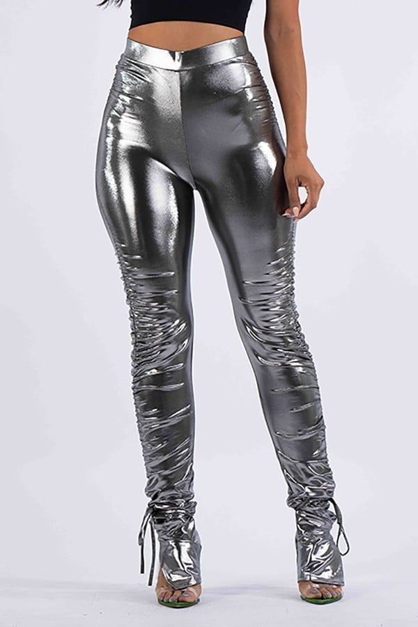 Misty Blue Jazzy - Plus Size Ruched Metallic Leggings
