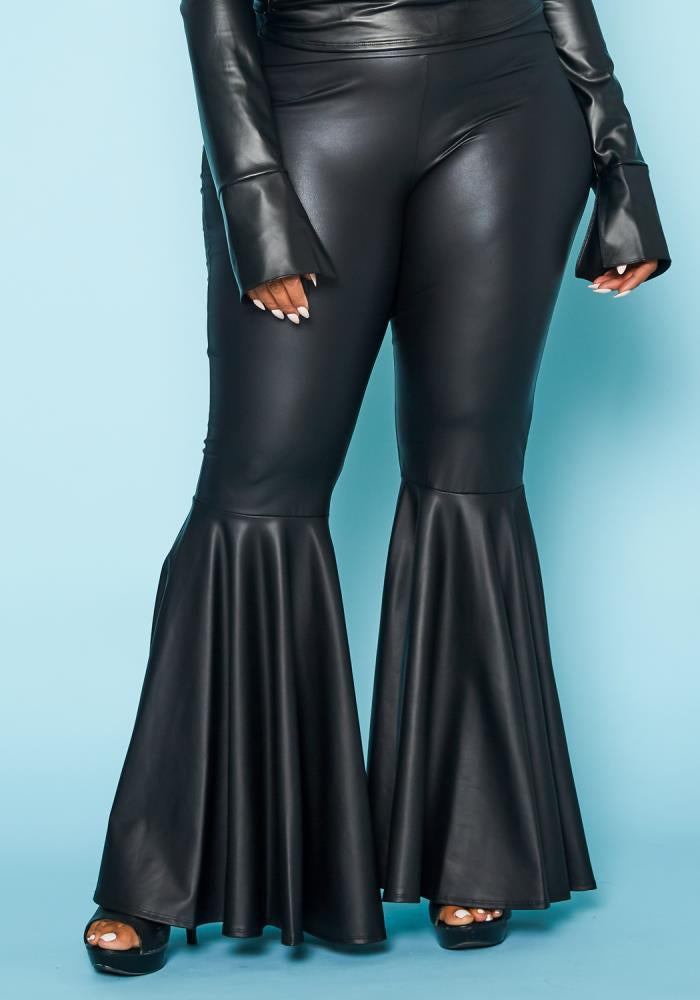 Plus Size Black Faux Leather Bell Bottom Pants Misty Blue Racine