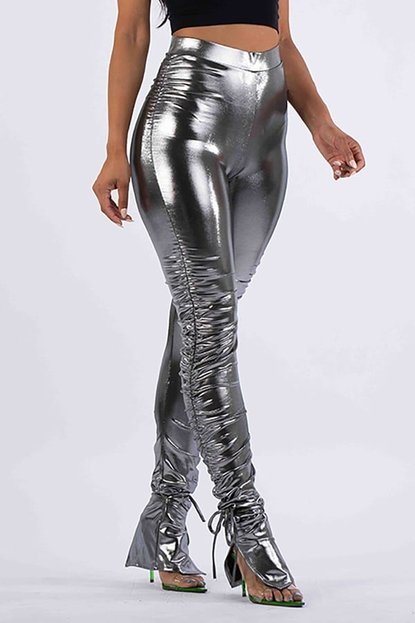 Misty Blue Jazzy - Plus Size Ruched Metallic Leggings