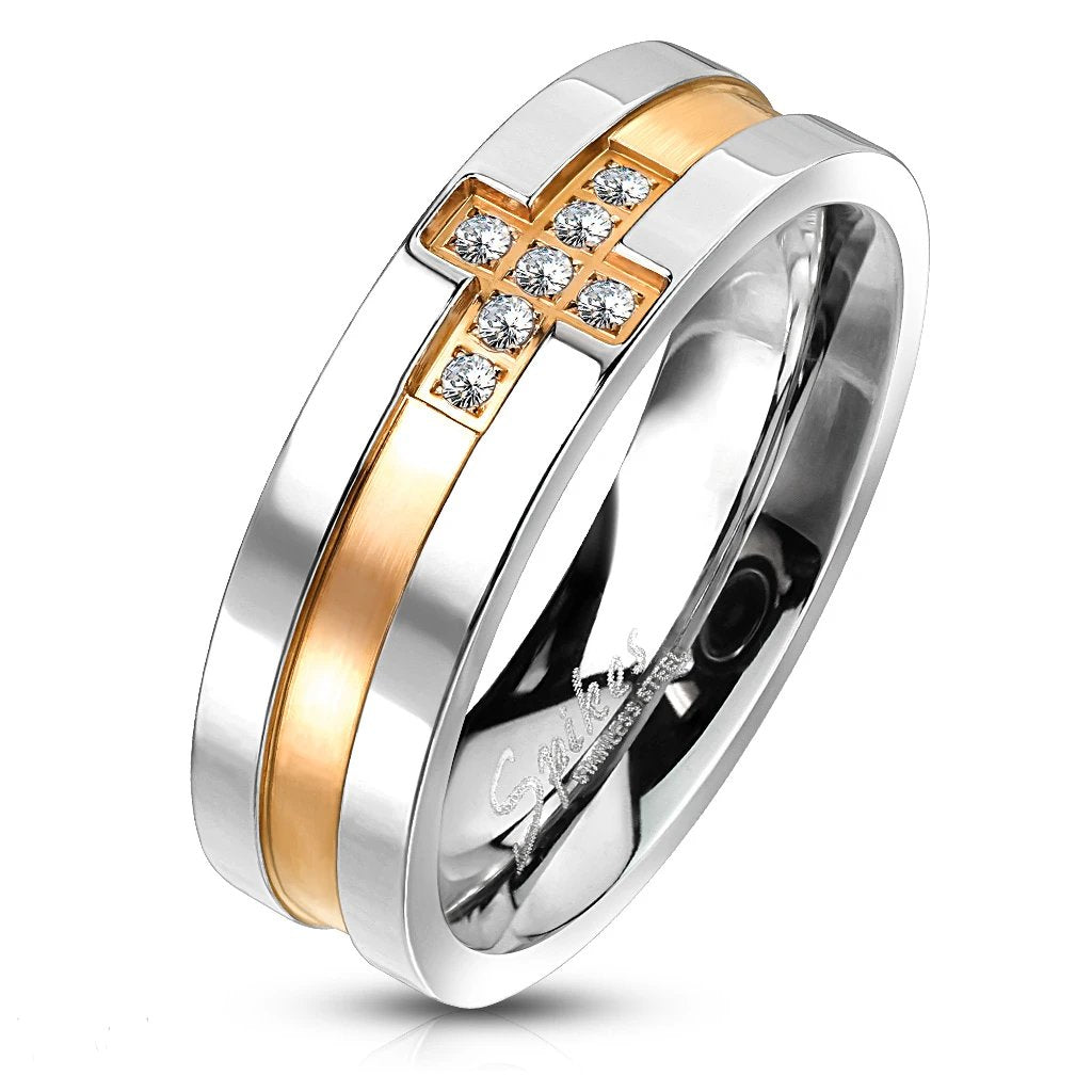 Misty Blue Cross Paved CZ Two Tone Band Stainless Steel Ring