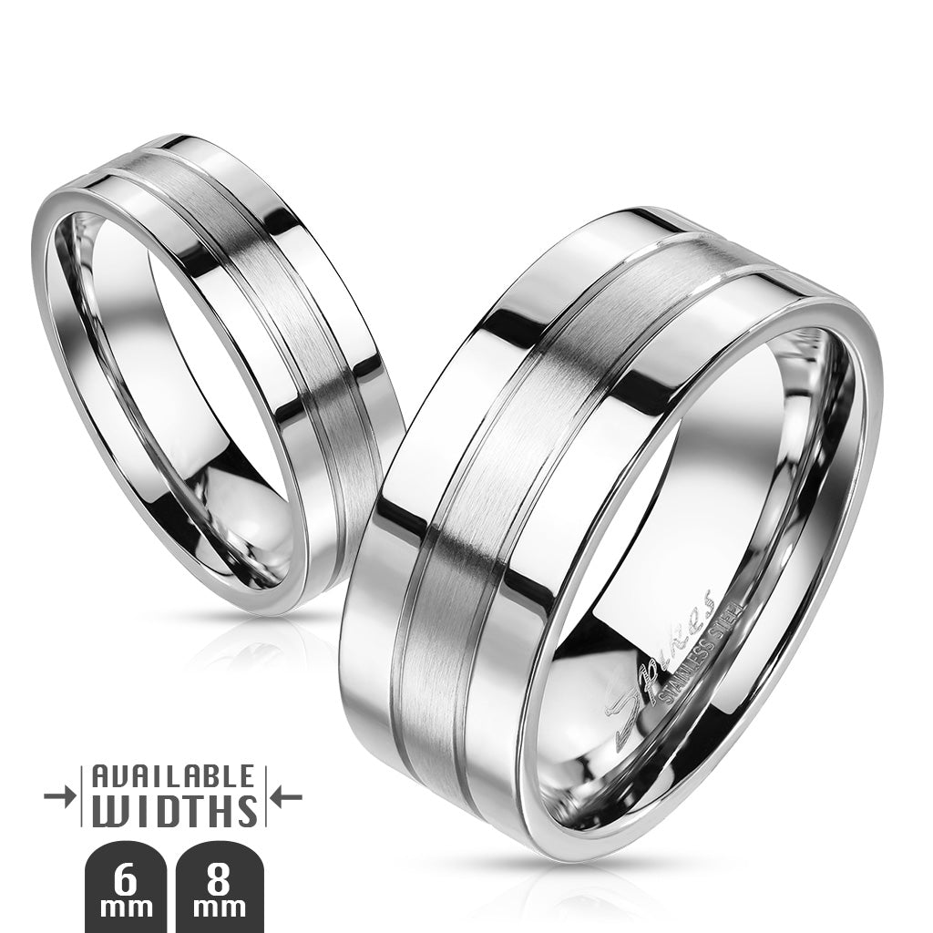 Misty Blue Double Lined and Brushed Center Two Tone Stainless Steel Ring