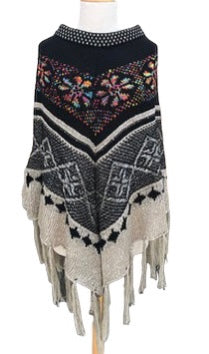 Misty Blue Tyra - Tribal Pullover Fringe Poncho