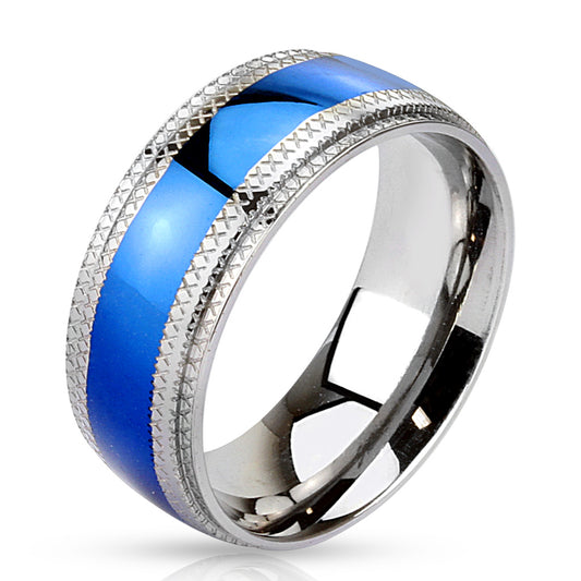 Misty Blue Etched Edge IP Center Stainless Steel Band Ring