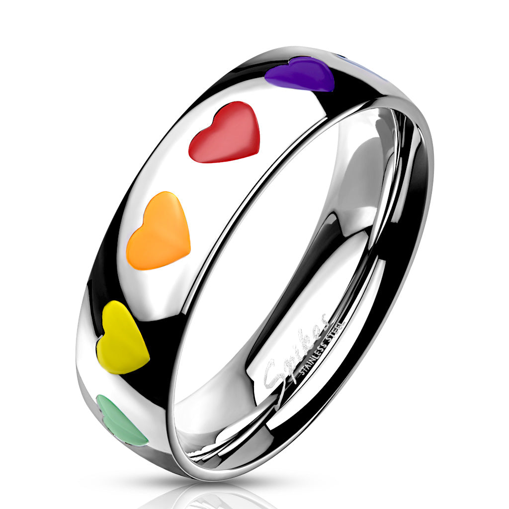 Misty Blue Lauryn - Rainbow Hearts Dome Stainless Steel Band Ring