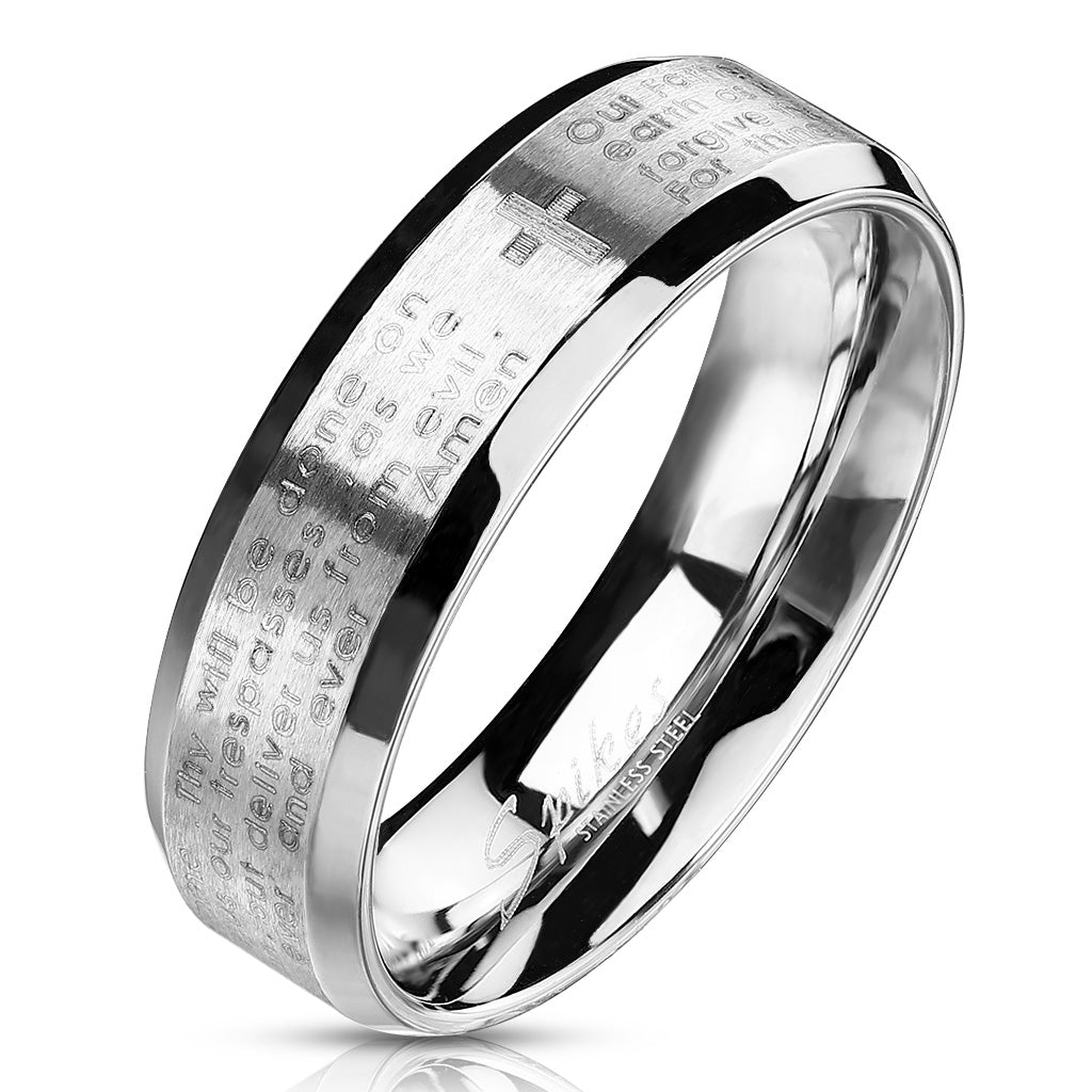 Misty Blue Lord's Prayer Beveled Edge Stainless Steel Ring