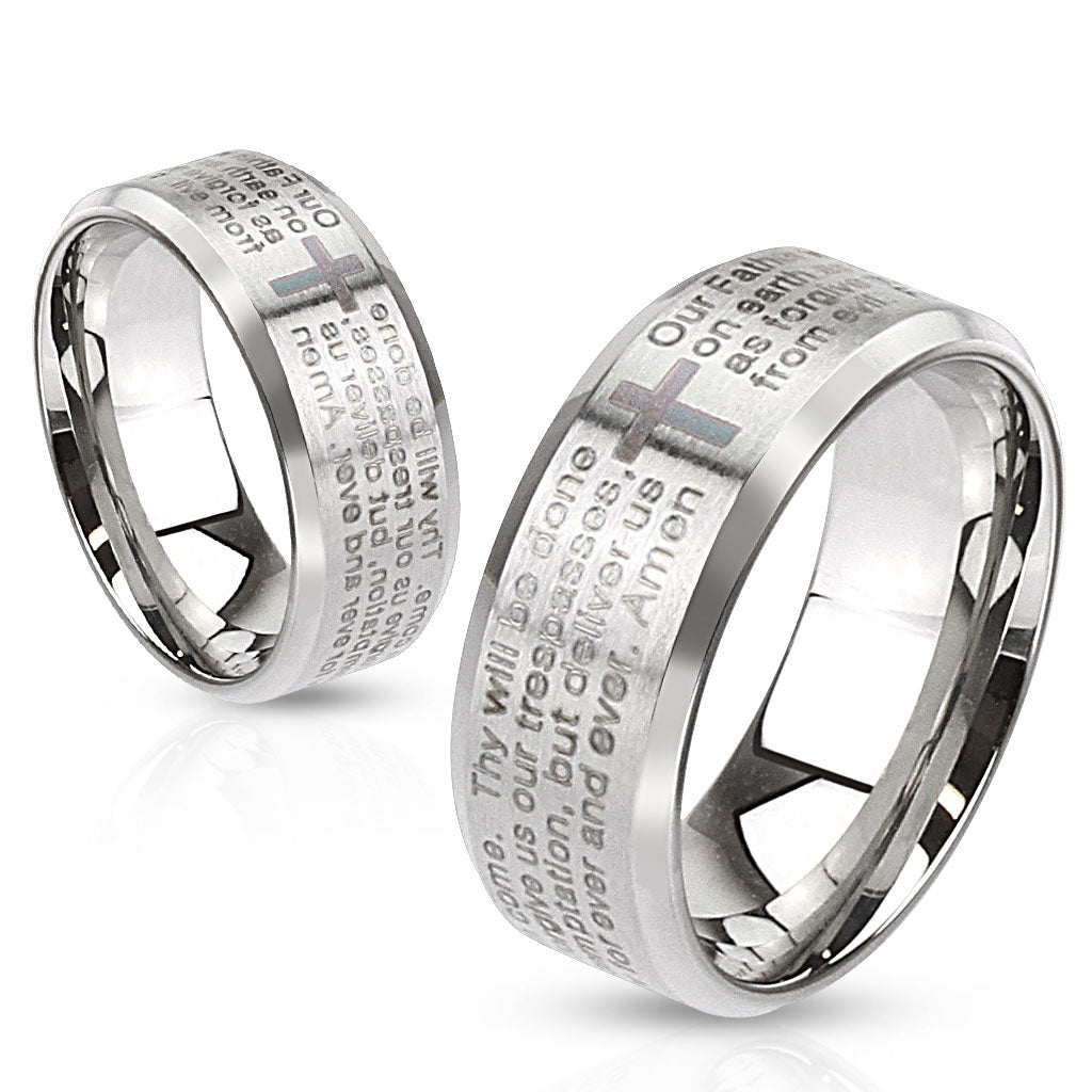 Misty Blue Lord's Prayer Beveled Edge Stainless Steel Ring