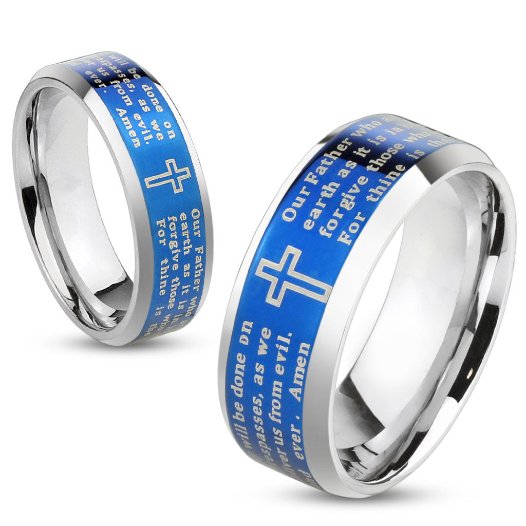 Misty Blue Lord's Prayer Beveled Edge Stainless Steel Ring