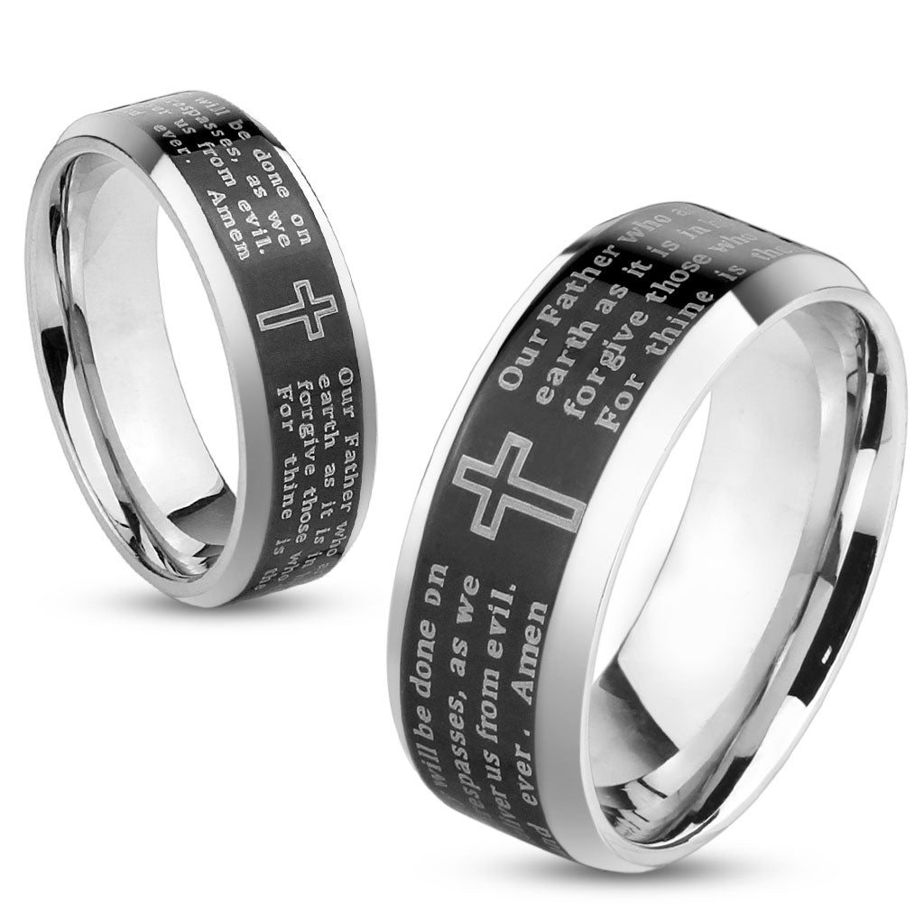 Misty Blue Lord's Prayer Beveled Edge Stainless Steel Ring