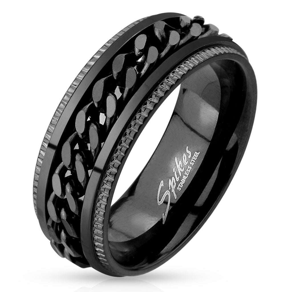Misty Blue Carlo - Black Chain Spinner Stainless Steel Band Ring