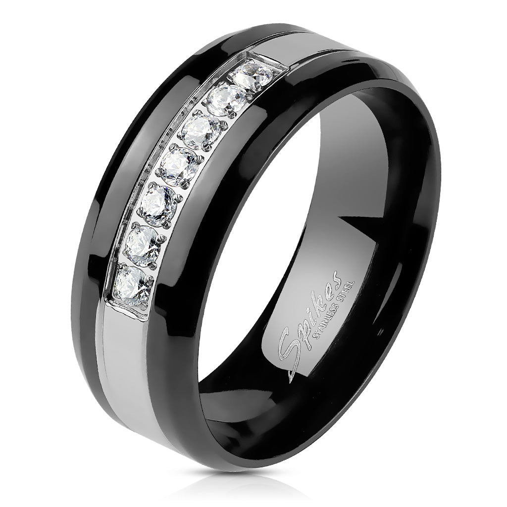 Misty Blue Brock - Black Grooved CZ Centered Stainless Steel Ring