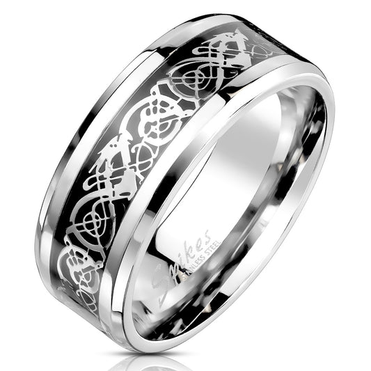 Misty Blue Celtic Dragon Steel Foil Inlaid Stainless Steel Ring