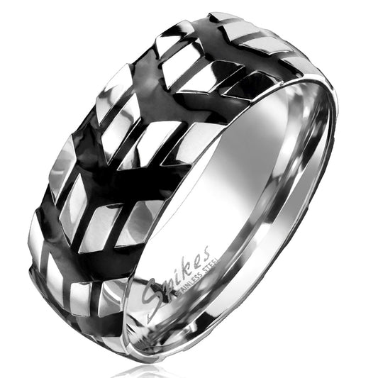 Misty Blue Repeating Black Chevron Stainless Steel Ring