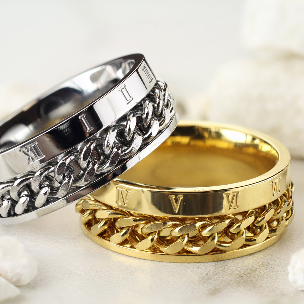 Misty Blue Romie - Roman Numeral Spinner Chain Gold Stainless Steel Ring