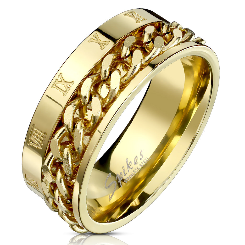 Misty Blue Roman Numeral Spinner Chain Gold Stainless Steel Ring