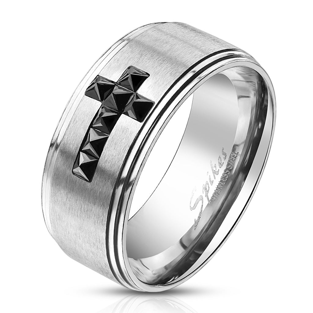 Misty Blue Black Cross Centered Stainless Steel Ring