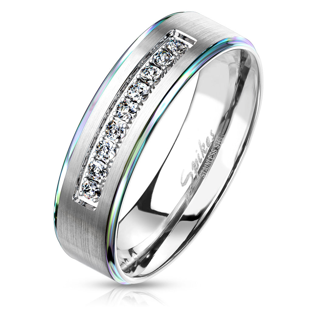 Misty Blue Men's 9 CZ Stepped Edges Stainless Steel Ring