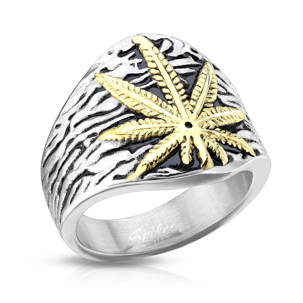Misty Blue Textured Cannabis Leaf Center Stainless Steel Casting Ring
