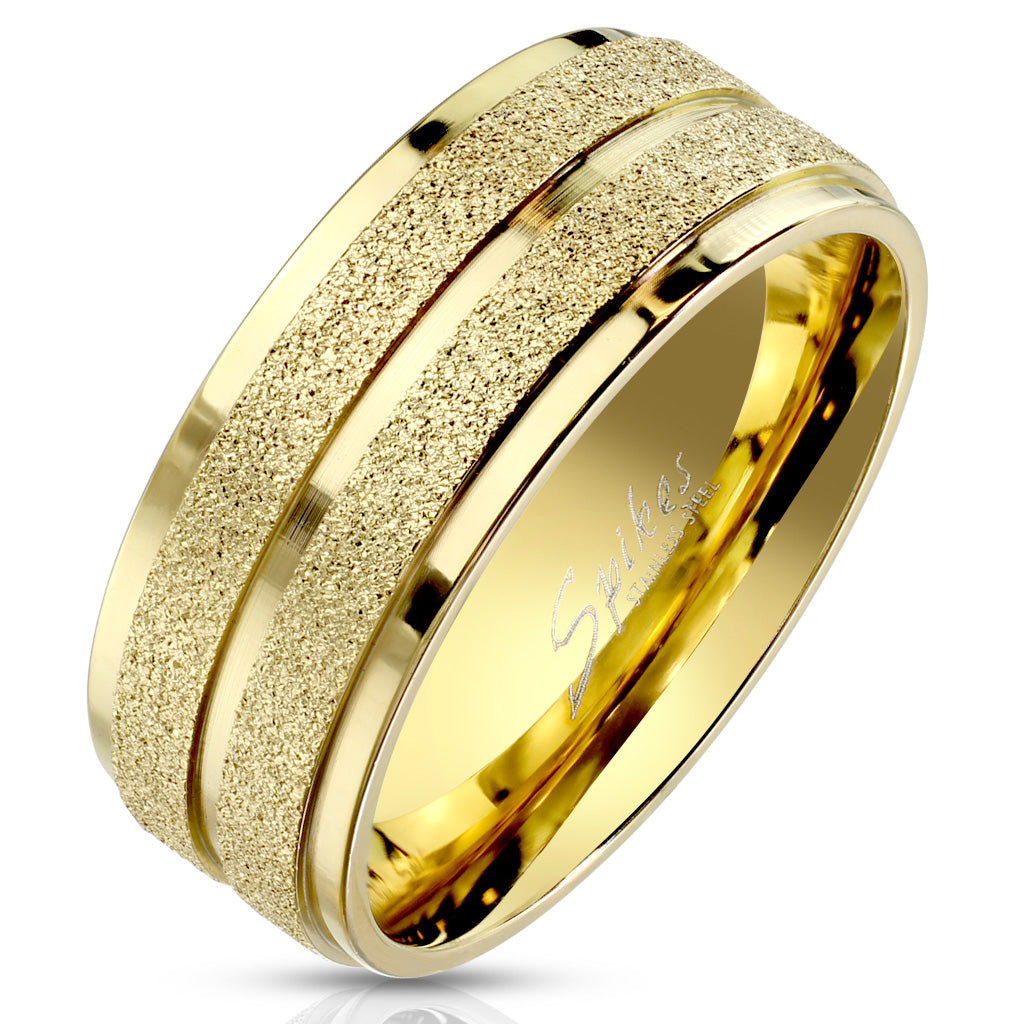 Misty Blue Gold Groove Sandblasted Center Stainless Steel Ring