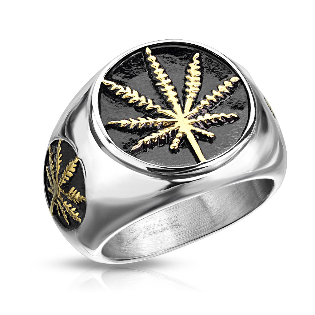 Misty Blue Gold Pot Leaf on Black Circle Stainless Steel Ring