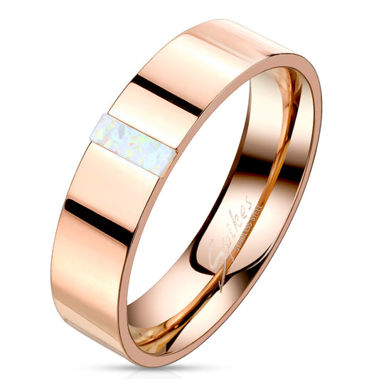 Misty Blue Rectangular Opal on Rose Gold Stainless Steel Ring