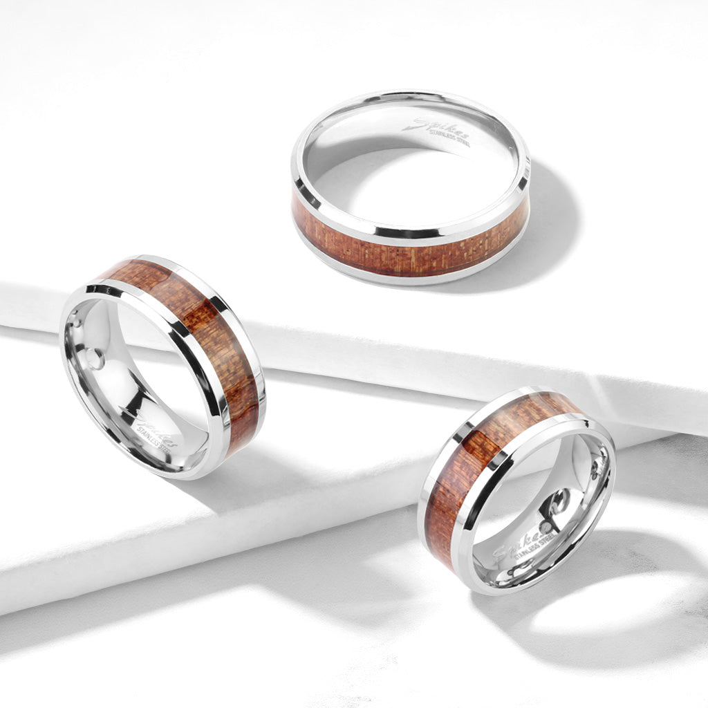 Misty Blue Wood Inlay Center Beveled Edge Stainless Steel Ring