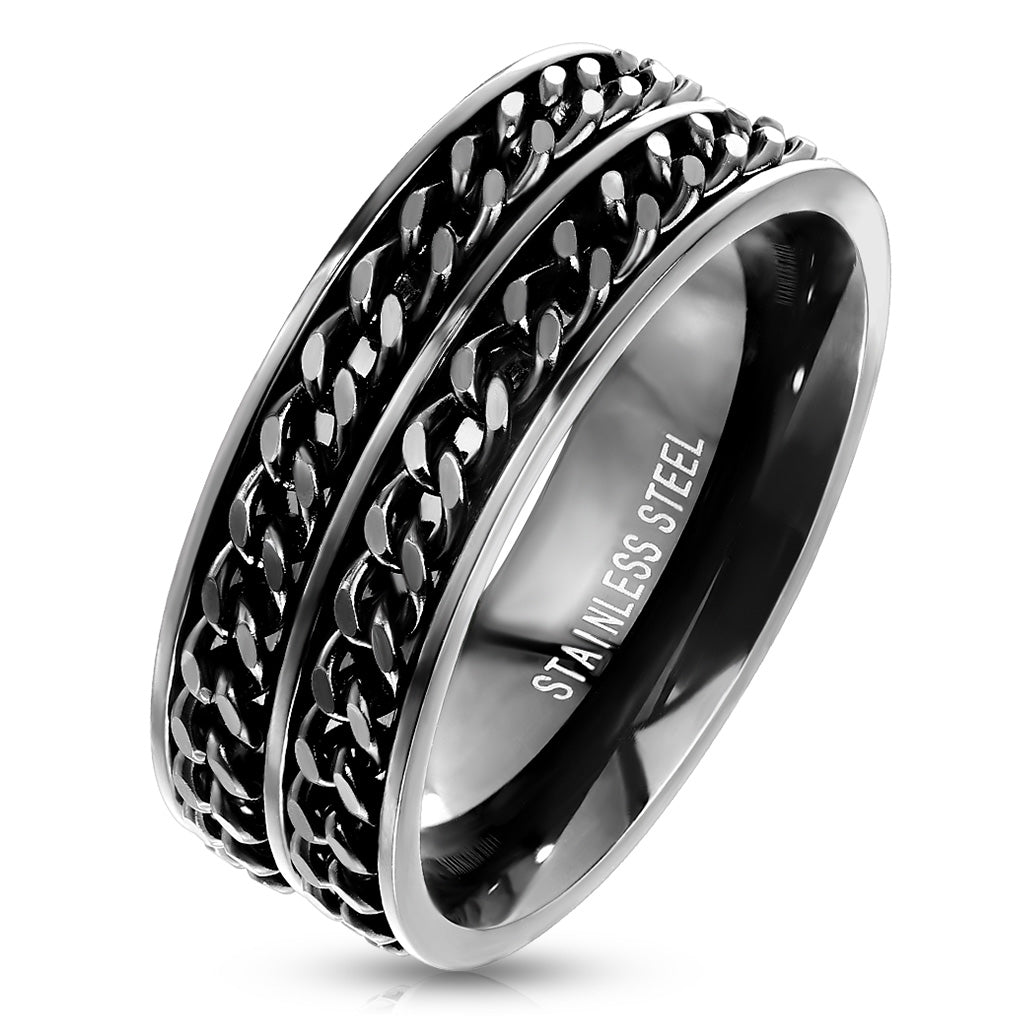 Misty Blue Sawyer - Double Chain Spinner Stainless Steel Band Ring