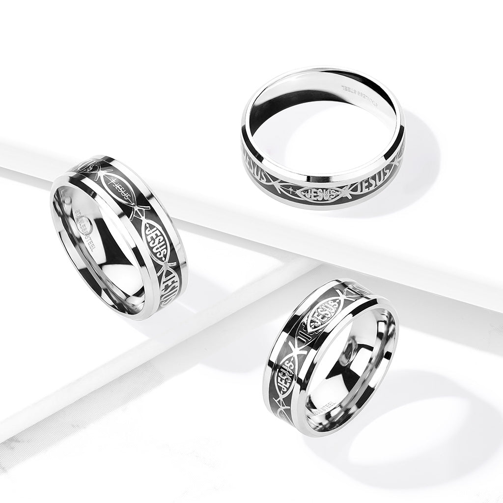 Misty Blue Solomon Jesus Fish Inlaid Stainless Steel Band Ring