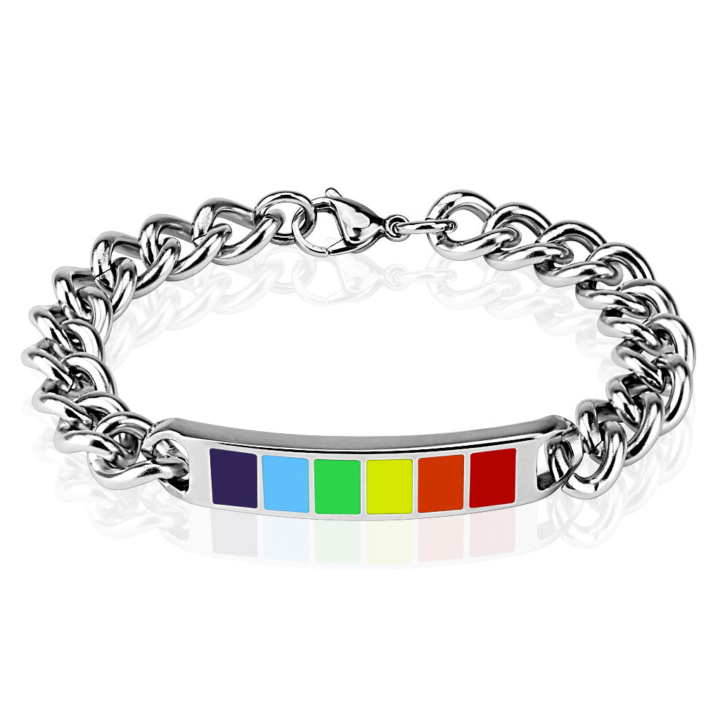 Misty Blue Pride - Rainbow Enamel Plate Stainless Steel Chain Bracelet