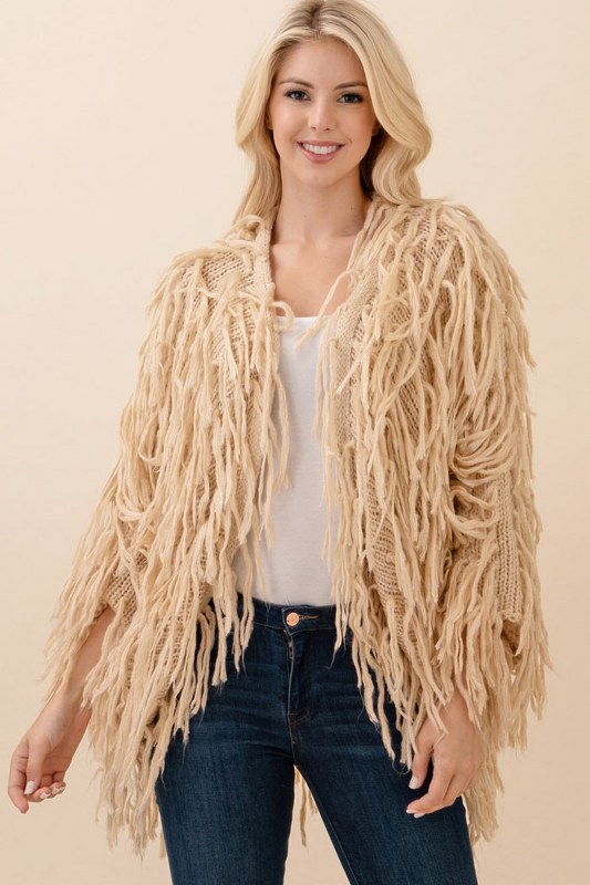 Misty Blue Open Front Fringe Sweater