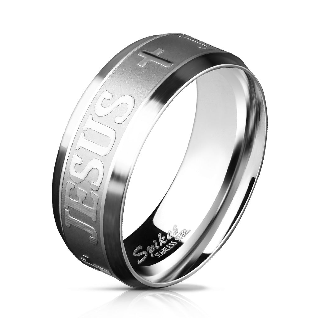 Misty Blue JESUS + Engraved Stainless Steel Ring