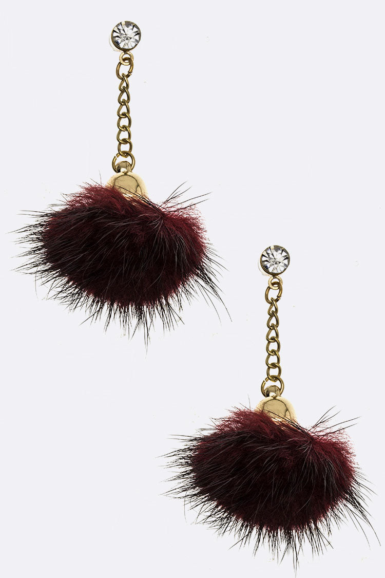 Misty Blue Dangling Pouf Faux Fur Earrings