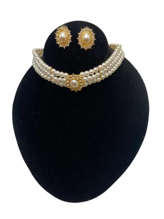 Misty Blue Elise - 3 Strand Pearl Choker Necklace Set