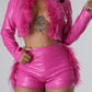 Misty Blue Feathered - Hot Pink 2 PC Leather Look Shorts Set