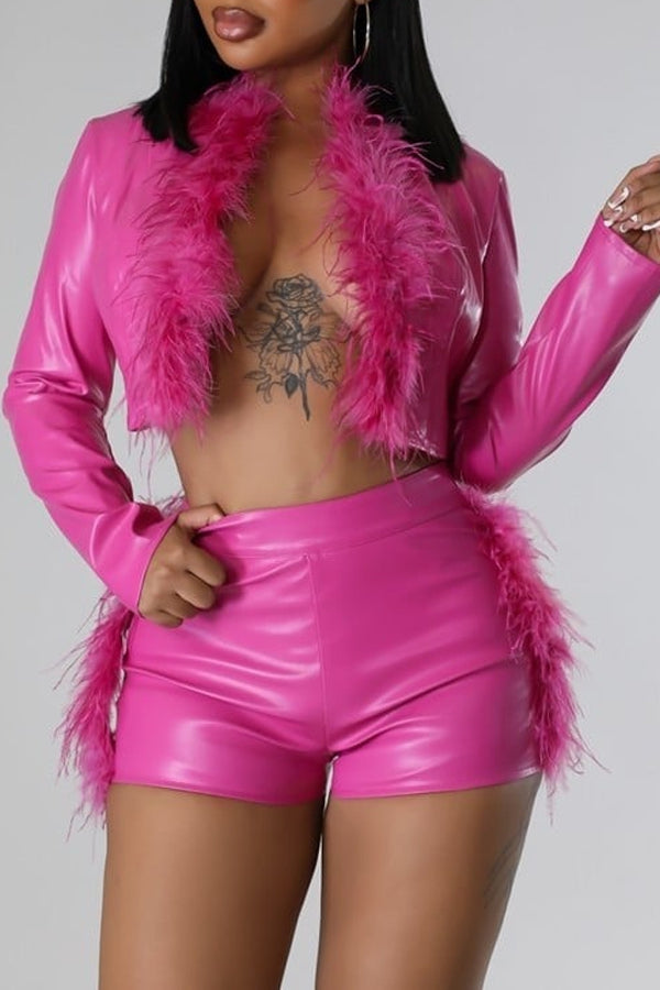 Misty Blue Feathered - Hot Pink 2 PC Leather Look Shorts Set