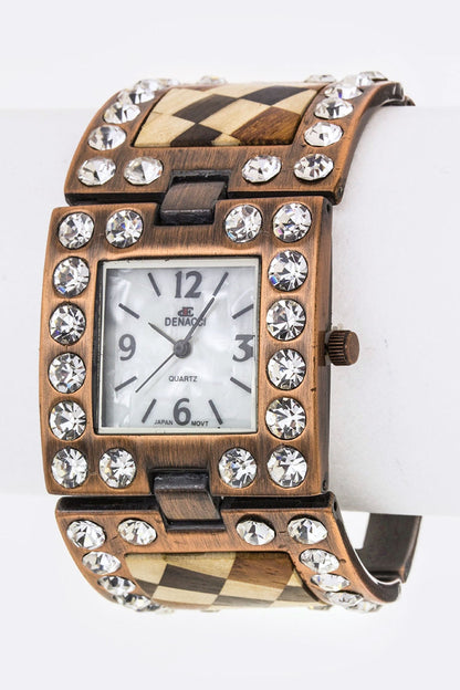 Misty Blue Crystal And Wooden Hinged Watch