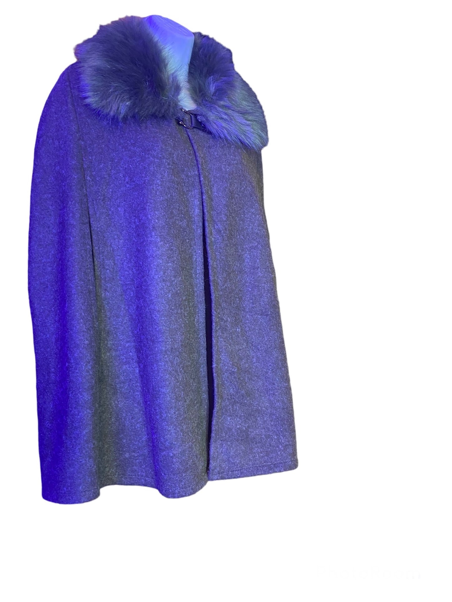Misty Blue Fur Collar Tailored Detail Poncho