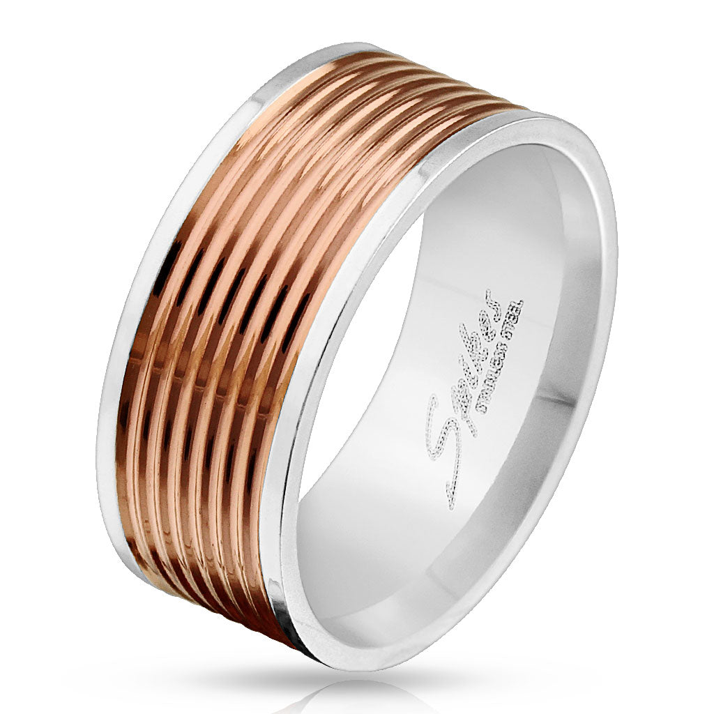 Misty Blue Multi Grooved Lines Stainless Steel Band Ring