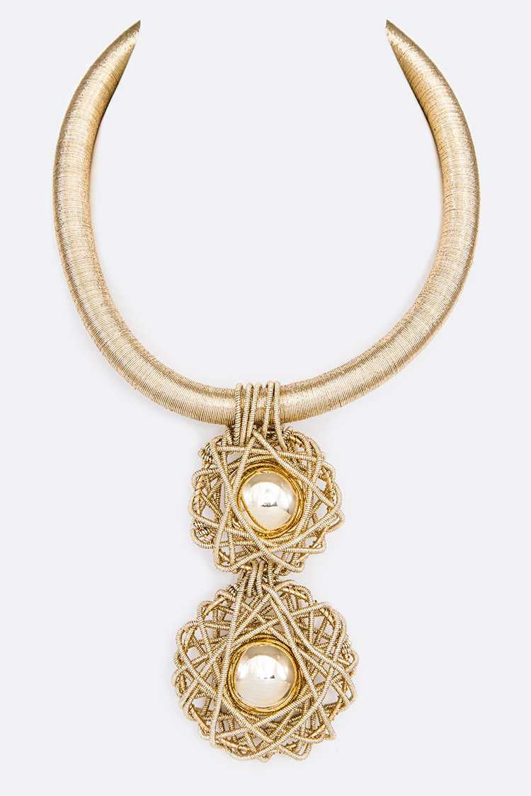 Misty Blue Metallic Gold Pendant Rope Necklace