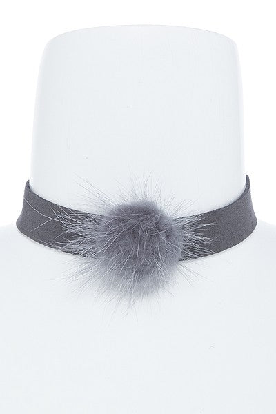 Misty Blue Small Furry PomPom Choker Necklace