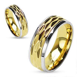 Misty Blue Dia Cut Gold Shiny Finish Stainless Steel Ring