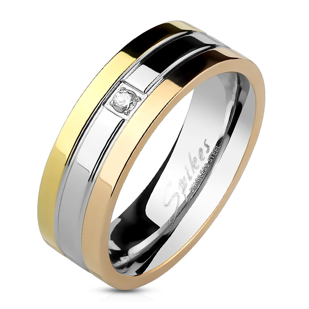 Misty Blue Triple Tone Grooved Single Center Stainless Steel Band Ring