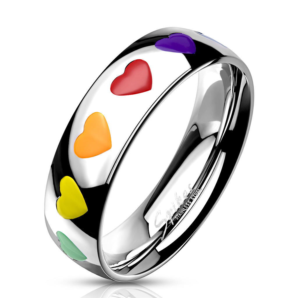 Misty Blue Rainbow Hearts Dome Stainless Steel Band Ring