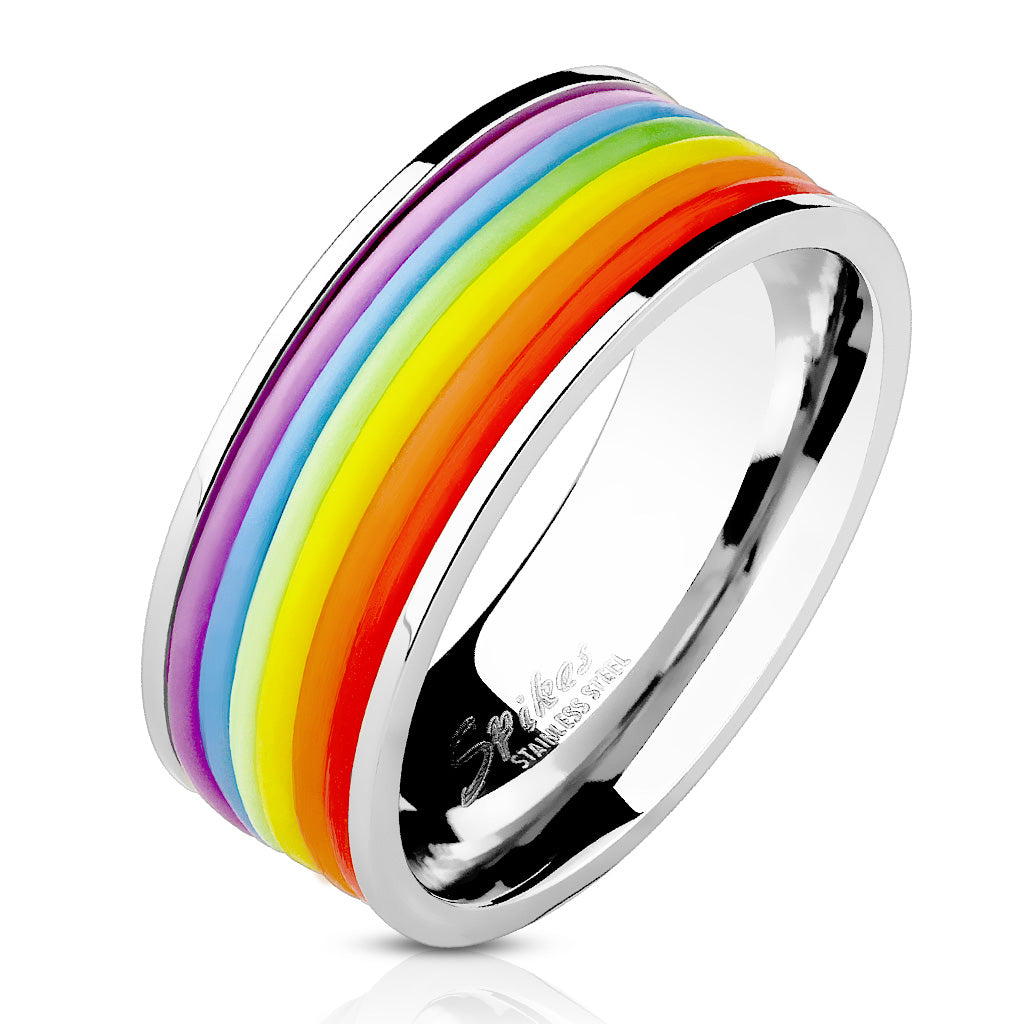 Misty Blue Rainbow Rubber Striped Stainless Steel Band Ring