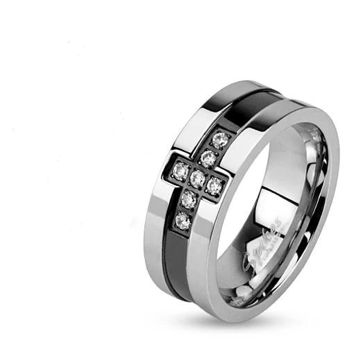 Misty Blue Cross Paved CZ Two Tone Band Stainless Steel Ring