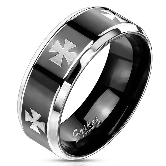 Misty Blue Iron Cross Laser Etched Stainless Steel Band Ring